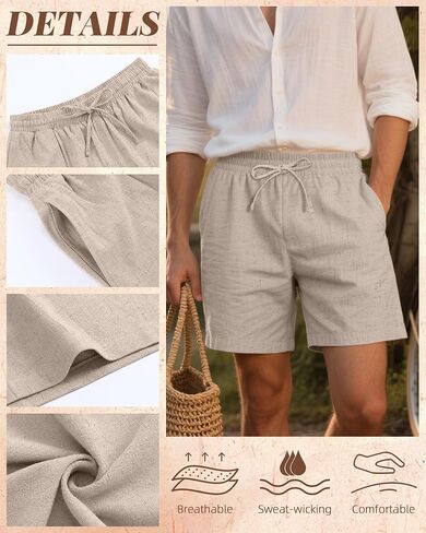 Neer 3 Pack Men's Cotton Linen Shorts Elastic Waist Drawstring Summer Casual Beach Shorts with Pockets in Kuwait