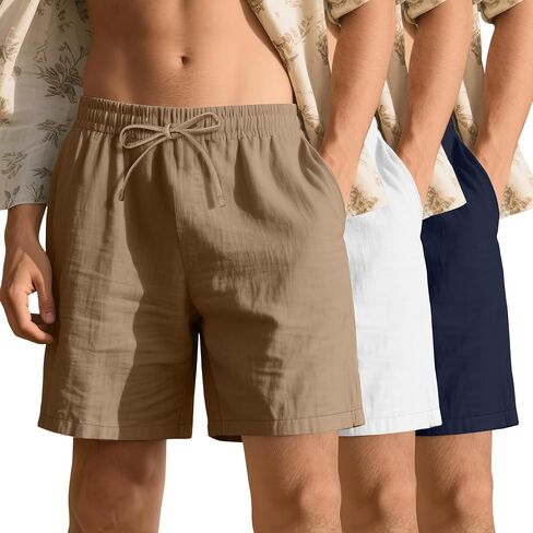 Neer 3 Pack Men's Cotton Linen Shorts Elastic Waist Drawstring Summer Casual Beach Shorts with Pockets in Kuwait