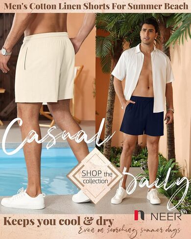 Neer 3 Pack Men's Cotton Linen Shorts Elastic Waist Drawstring Summer Casual Beach Shorts with Pockets in Kuwait