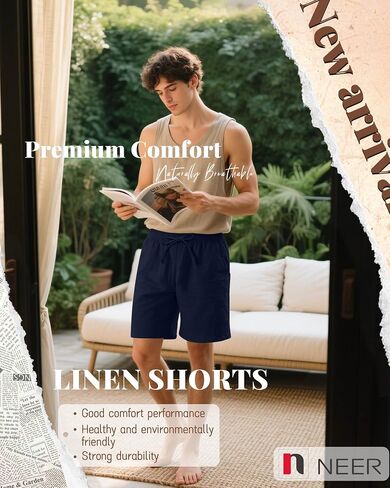 Neer 3 Pack Men's Cotton Linen Shorts Elastic Waist Drawstring Summer Casual Beach Shorts with Pockets in Kuwait