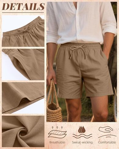 Neer 3 Pack Men's Cotton Linen Shorts Elastic Waist Drawstring Summer Casual Beach Shorts with Pockets in Kuwait