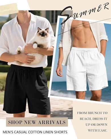3 Pack Men's Cotton Linen 9" Inseam Shorts Drawstring Elastic Waist Beach Casual Summer Bermuda with Pockets in Saudi Arabia