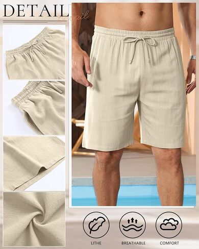3 Pack Men's Cotton Linen 9" Inseam Shorts Drawstring Elastic Waist Beach Casual Summer Bermuda with Pockets in Saudi Arabia