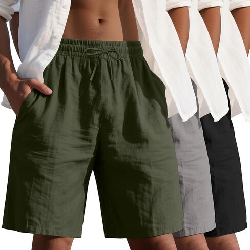 3 Pack Men's Cotton Linen 9" Inseam Shorts Drawstring Elastic Waist Beach Casual Summer Bermuda with Pockets in Saudi Arabia