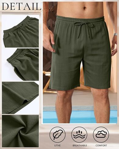 3 Pack Men's Cotton Linen 9" Inseam Shorts Drawstring Elastic Waist Beach Casual Summer Bermuda with Pockets in Saudi Arabia