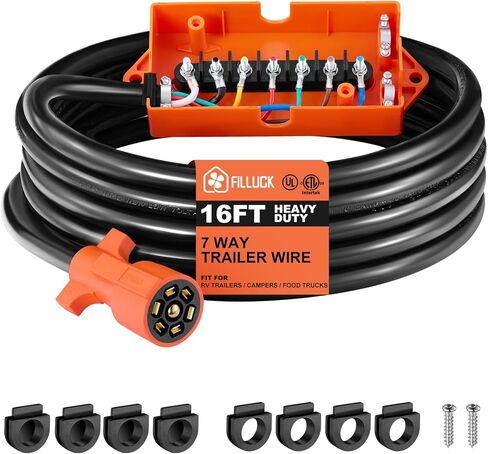 7 Way Trailer Plug Cord Wiring Harness with Junction Box,Heavy Duty Waterproof Double Prongs Connector, Light & Brake Control 7 Inline Trailer Cable for RV Standard (8ft) in Kuwait