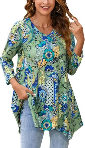 ENMAIN Tunic Tops for Women 3/4 Sleeve Plus Size Women's Tunics Loose Fit Floral Swing Flare Ladies Blouse for Leggings in Saudi Arabia