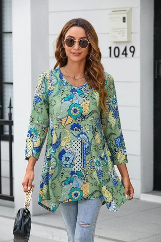ENMAIN Tunic Tops for Women 3/4 Sleeve Plus Size Women's Tunics Loose Fit Floral Swing Flare Ladies Blouse for Leggings in Saudi Arabia