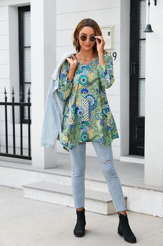 ENMAIN Tunic Tops for Women 3/4 Sleeve Plus Size Women's Tunics Loose Fit Floral Swing Flare Ladies Blouse for Leggings in Saudi Arabia
