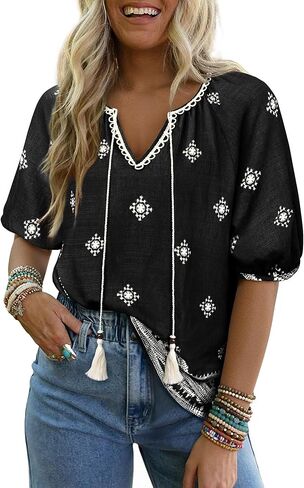Vivilli Womens Summer Boho Tops Casual V Neck Short Sleeve Blouses Floral Print Shirt Tie Front Flowy Vacation Clothes in Kuwait