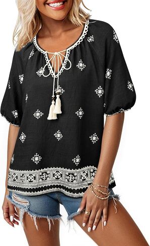 Vivilli Womens Summer Boho Tops Casual V Neck Short Sleeve Blouses Floral Print Shirt Tie Front Flowy Vacation Clothes in Kuwait