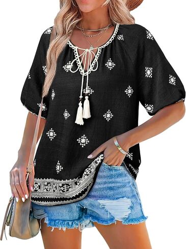 Vivilli Womens Summer Boho Tops Casual V Neck Short Sleeve Blouses Floral Print Shirt Tie Front Flowy Vacation Clothes in Kuwait