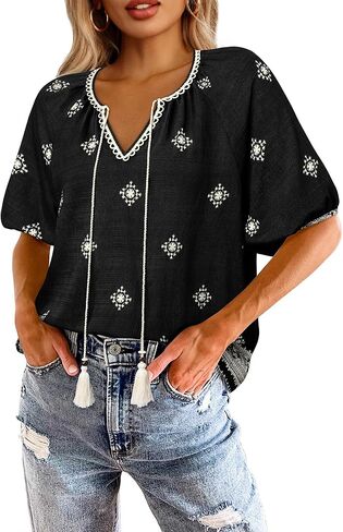Vivilli Womens Summer Boho Tops Casual V Neck Short Sleeve Blouses Floral Print Shirt Tie Front Flowy Vacation Clothes in Kuwait