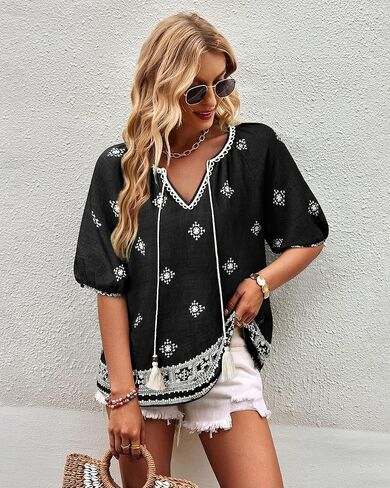 Vivilli Womens Summer Boho Tops Casual V Neck Short Sleeve Blouses Floral Print Shirt Tie Front Flowy Vacation Clothes in Kuwait
