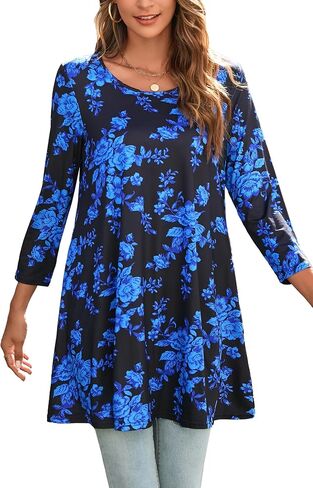 ENMAIN Tunic Tops for Women 3/4 Sleeve Plus Size Women's Tunics Loose Fit Floral Swing Flare Ladies Blouse for Leggings in Saudi Arabia