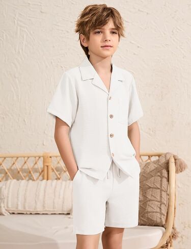 Flygo Boys Summer Summer 2 قطعة شاطئية غير رسمية زر قصير الأكمام أسفل القمصان والسراويل القصيرة العطلات مجموعات محكم in Kuwait