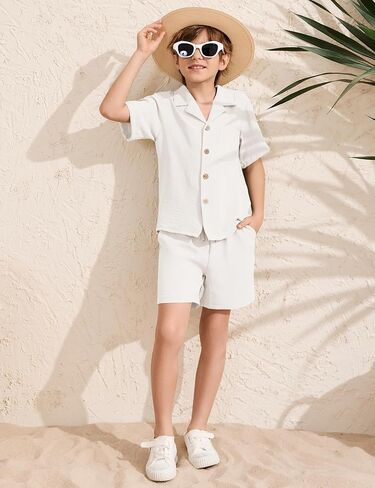 Flygo Boys Summer Summer 2 قطعة شاطئية غير رسمية زر قصير الأكمام أسفل القمصان والسراويل القصيرة العطلات مجموعات محكم in Kuwait