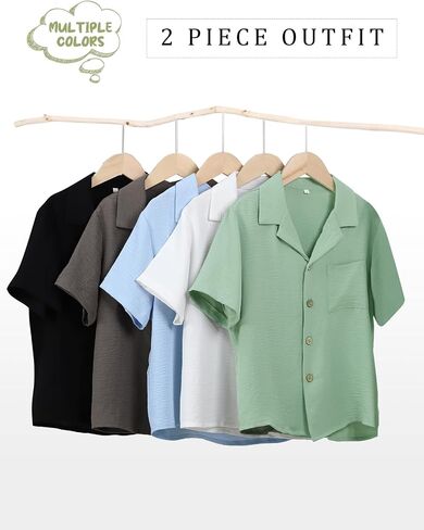 Flygo Boys Summer Summer 2 قطعة شاطئية غير رسمية زر قصير الأكمام أسفل القمصان والسراويل القصيرة العطلات مجموعات محكم in Kuwait
