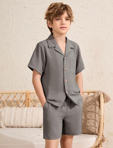 Flygo Boys Summer Summer 2 قطعة شاطئية غير رسمية زر قصير الأكمام أسفل القمصان والسراويل القصيرة العطلات مجموعات محكم in Kuwait