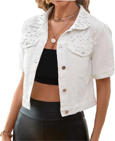 LifeShe Women's Pearls Denim Jacket Casual Short Sleeve Cropped Jean Jackets Coats in Saudi Arabia