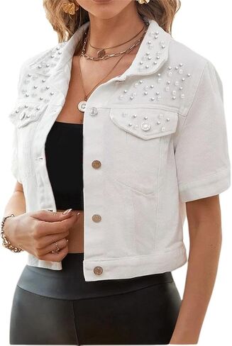 LifeShe Women's Pearls Denim Jacket Casual Short Sleeve Cropped Jean Jackets Coats in Saudi Arabia