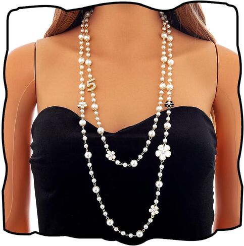 Pearl Long Necklaces Layered Charm Sweater Necklace Flower Number 5 Imitation Gold Necklace for Women in Saudi Arabia
