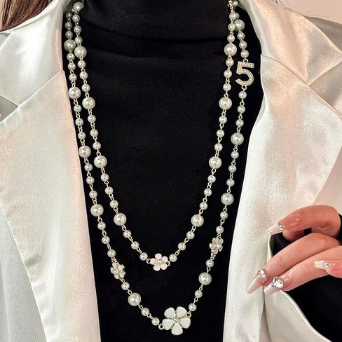 Pearl Long Necklaces Layered Charm Sweater Necklace Flower Number 5 Imitation Gold Necklace for Women in Saudi Arabia