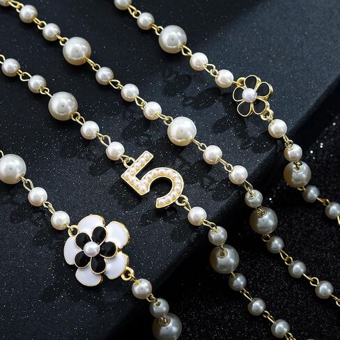 Pearl Long Necklaces Layered Charm Sweater Necklace Flower Number 5 Imitation Gold Necklace for Women in Saudi Arabia