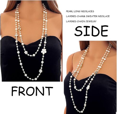 Pearl Long Necklaces Layered Charm Sweater Necklace Flower Number 5 Imitation Gold Necklace for Women in Saudi Arabia
