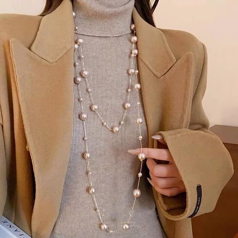 Pearl Long Necklaces Layered Charm Sweater Necklace Flower Number 5 Imitation Gold Necklace for Women in Saudi Arabia
