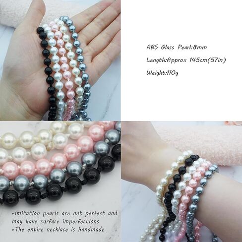 32/48/60 Inches 8mm Glass Pearls Strand Layered Necklace Knoting Beaded Long Necklace White Beige Pink for Women in Saudi Arabia