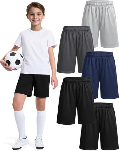 5 Pack Boys Basketball Shorts Kids Youth Athletic Short Boy Quick Dry Sport Clothes with Pockets Size 7-14 Years in Kuwait
