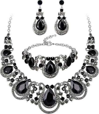 BriLove Women's Teardrop Crystal Statement Necklace Cluster Hollow Dangle Earrings Chain Bracelet Bib Jewellery Set for Wedding Bride Bridesmaid in Kuwait
