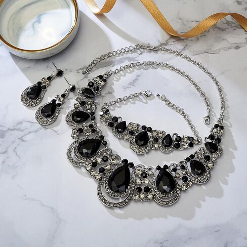 BriLove Women's Teardrop Crystal Statement Necklace Cluster Hollow Dangle Earrings Chain Bracelet Bib Jewellery Set for Wedding Bride Bridesmaid in Kuwait