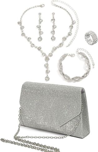 5 Pcs Purse Rhinestone Jewelry Set, RhinestoneClutch Purse Bride Prom Evening Rhinestone Jewelry Set Bling Necklace Earrings Bracelets Set for Wedding, Gold/Silver in Kuwait