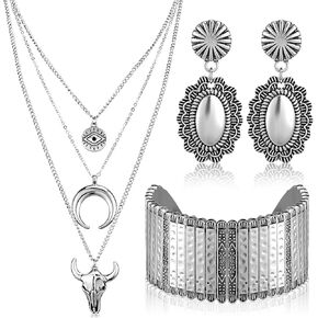 Inbagi 3 Pcs Boho Western Jewelry for Women Layered Necklace Cowboy Cowgirls Western Women's Necklace Silver Bracelet and Dangle Earrings