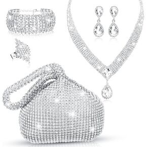 5 Pcs Silver Clutch Purses for Women Evening Rhinestone Jewelry Set Bling Clutch Purse Bag Rhinestone Necklace Ring Bracelet Earring for Women Party Wedding Bride Jewelry (Triangle Style)