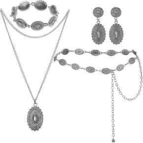 Haysandy 4 Pcs Women Bohemian Turquoise Jewelry Set Vintage Necklace Classic Dangle Earrings Bracelet Western Adjustable Belt