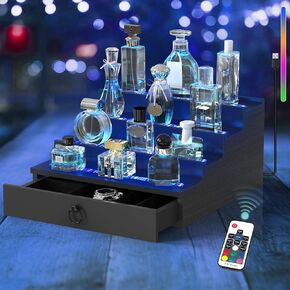 LED Lighted Cologne Organizer for Men, 4 Tier Wood Perfume Organizer with Velvet Lined Drawer, Multi Lighting Modes Perfume Display Holder with Remote Control, Cologne Shelf Stand, Nice Gift for Men
