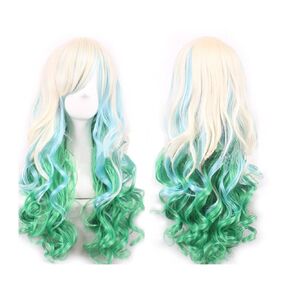WeeH Women Wigs Long Hair Heat Resistant Spiral Curly Cosplay Wig Fashion Wavy Costume Daily Party (bule green gold)