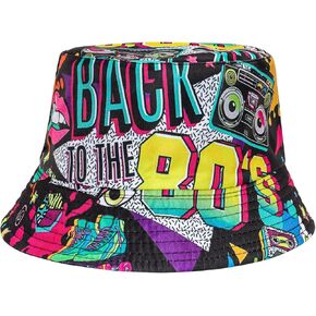 Fumwase Fashion 80s 90s Bucket-Hat Fishing-Hat Packable Fisherman Hat Rave Party Accessories Hat for Men Women Summer Beach Party Supplies Multi