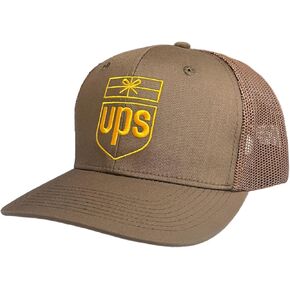 UPS Hat - Embroidered Classic Logo - Structured UPS Trucker Hat Snapback w/Breathable mesh - Old School - Retro Logo/delivery Man Costume hat Brown and Beige