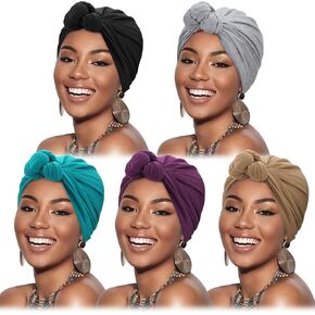 DRESHOW 5 Pack Knotted Headwraps for Women African Turban Pre-Knotted Beanie Headwraps Hair Covers