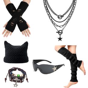 6PCS Therian Stuff,Y2k Jewelry Set With Grunge Necklace,Therian Fingerless Gloves,Knitted Emo Beanie,Grunge Bracelet,Glasses,Leg Warmers for Women,Y2K Therian Accessories Cosplay Party Jewelry Gift