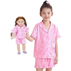ICOSY Matching Doll & Girls Pajamas Set for Kids Pajamas 2 PCS Button-Down Top and Shorts for American 18" Doll Girl Clothes