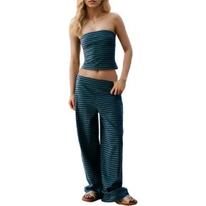 Womens 2 Piece Sets Cute Strapless Tube Tops Striped Wide Leg Pants Comfort Lounge Set