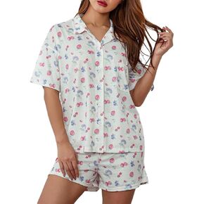 Women 2 Piece Set Fruit Pajamas Floral Cute Pjs Y2K Short Sleeves Button Down Shirt Strawberry Coquette Loungewear