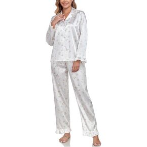 BestWendding Womens Silky Pajamas Ruffle Hem Long Sleeve Collar Shirt and Long Pants Button Up Lounge Sets with Pockets