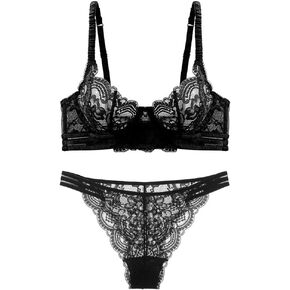 Guoeappa Women's Sexy Soft Lace Lingerie Set See Through Underwear Floral Lace Underwire Sheer Bra and Panty Set