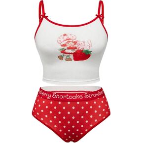 WDIRARA Women's 2 Piece Plus Size Lingerie Set Polka Dots Strawberry Print Wireless Bralette Briefs Sets